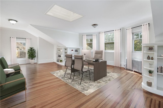 dining space featuring a wealth of natural light, light hardwood / wood-style floors, and radiator