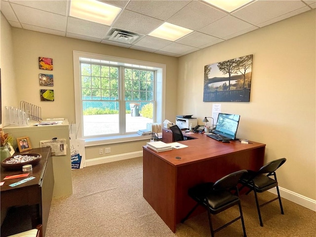 carpeted office featuring a drop ceiling