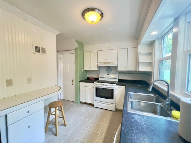 kitchen featuring white range with electric cooktop, crown molding, sink, and white cabinets