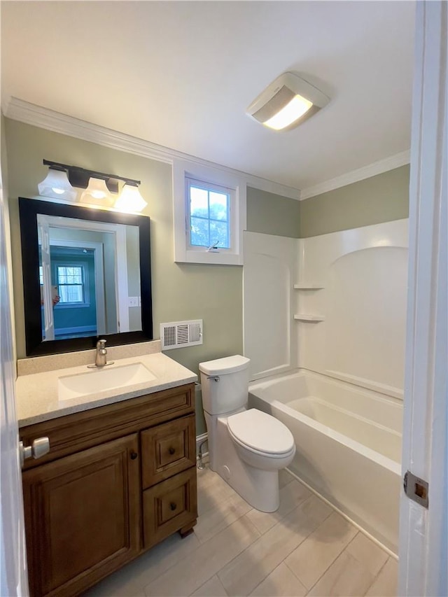 full bathroom with vanity, toilet, shower / tub combination, and crown molding