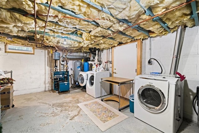 laundry area featuring water heater and washing machine and clothes dryer