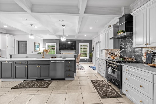 kitchen with beam ceiling, white cabinetry, dishwasher, and double oven range