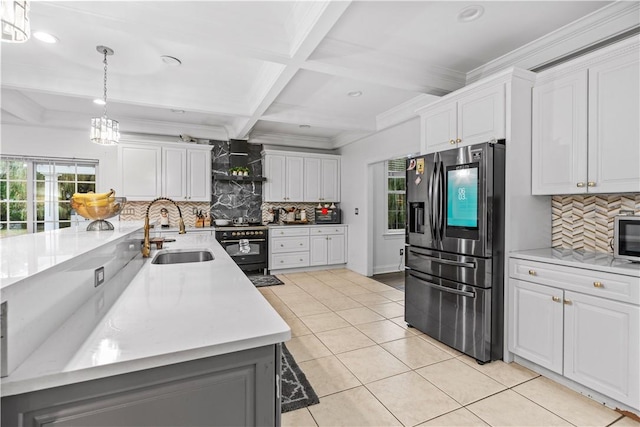 kitchen featuring stainless steel fridge with ice dispenser, sink, white cabinets, and decorative light fixtures