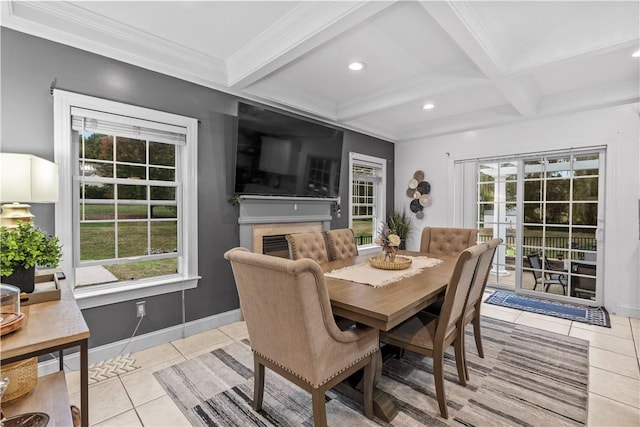 tiled dining area with beamed ceiling, crown molding, and coffered ceiling