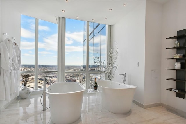 bathroom with a bath, floor to ceiling windows, and a healthy amount of sunlight