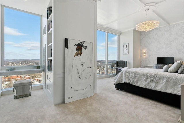 carpeted bedroom with a water view