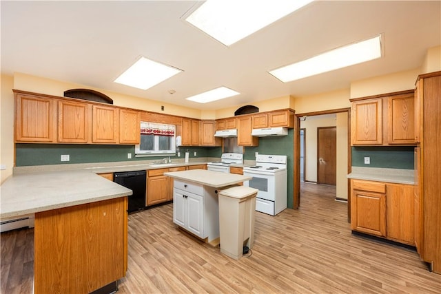 kitchen featuring dishwasher, a center island, white electric range, white range, and light wood-type flooring