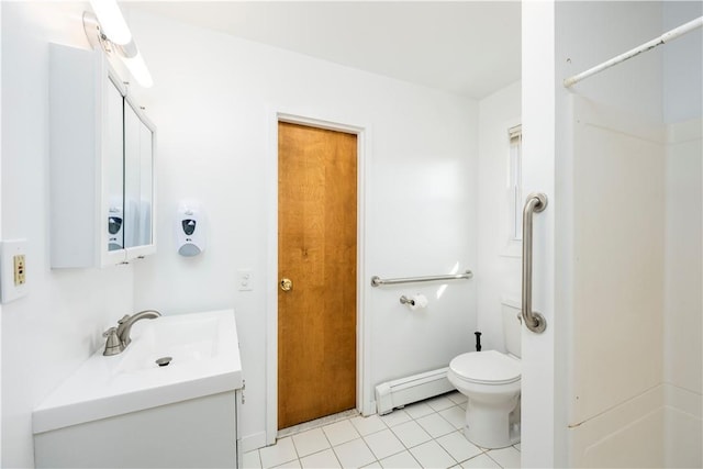 bathroom featuring tile patterned floors, walk in shower, vanity, a baseboard radiator, and toilet