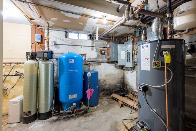 utility room featuring electric panel and gas water heater