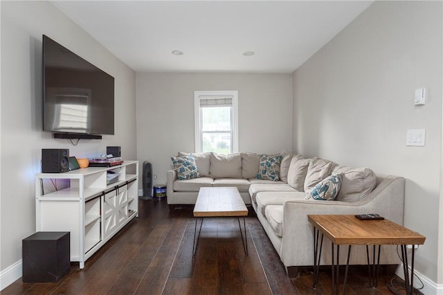 living room with dark hardwood / wood-style flooring