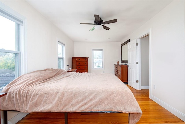 bedroom featuring ceiling fan and light wood-type flooring