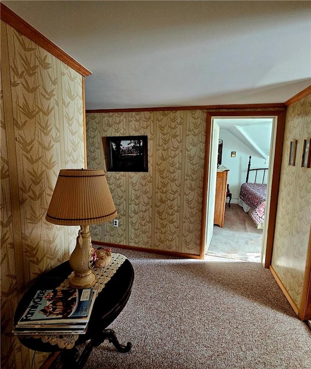 hallway with carpet flooring and ornamental molding