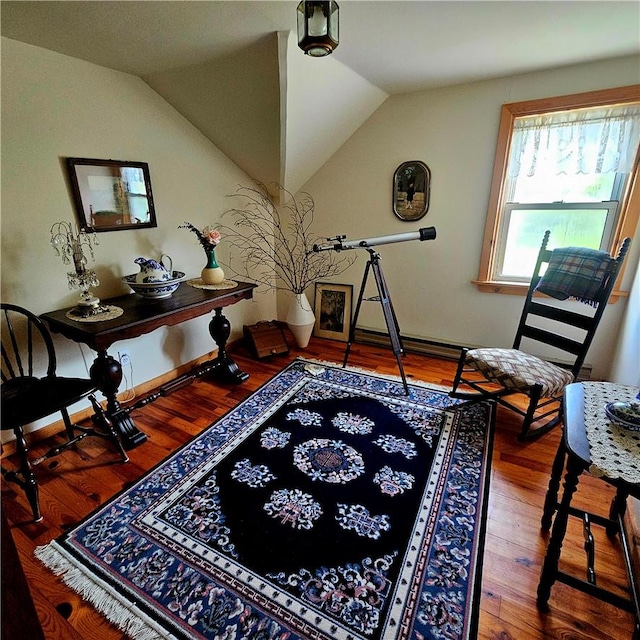 interior space with hardwood / wood-style floors and lofted ceiling