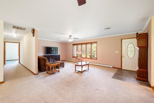 carpeted living room with baseboard heating, ceiling fan, and ornamental molding