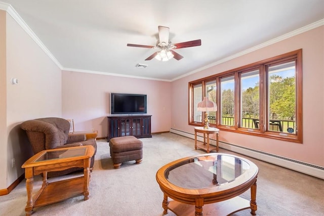 carpeted living room with a baseboard heating unit, ceiling fan, and crown molding