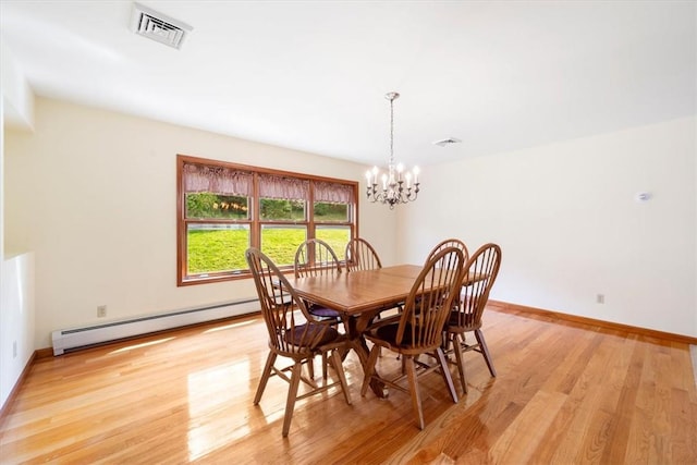 dining area with light hardwood / wood-style floors, an inviting chandelier, and baseboard heating