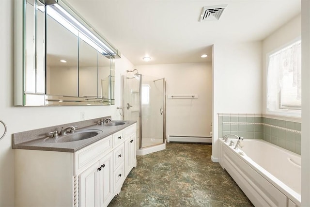 full bathroom with baseboard heating, toilet, vanity, and shower with separate bathtub