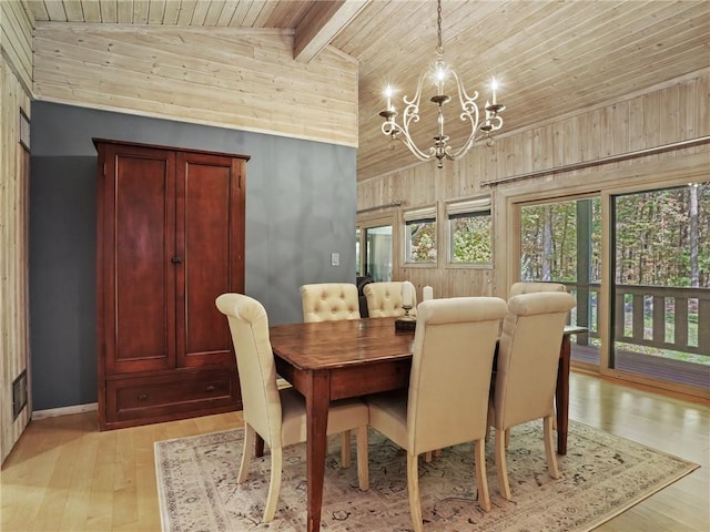 dining area with wooden ceiling, high vaulted ceiling, an inviting chandelier, beam ceiling, and light hardwood / wood-style floors