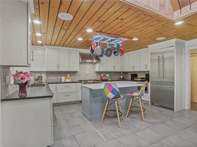 kitchen with white cabinets, a center island, wall chimney exhaust hood, and wooden ceiling