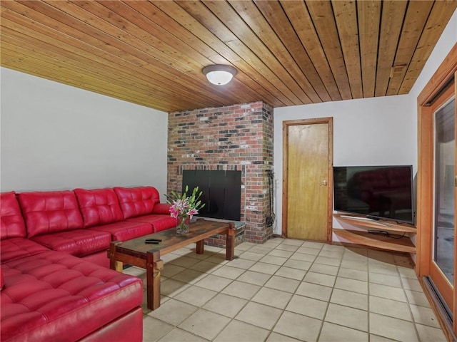 living room featuring light tile patterned floors, a brick fireplace, and wooden ceiling