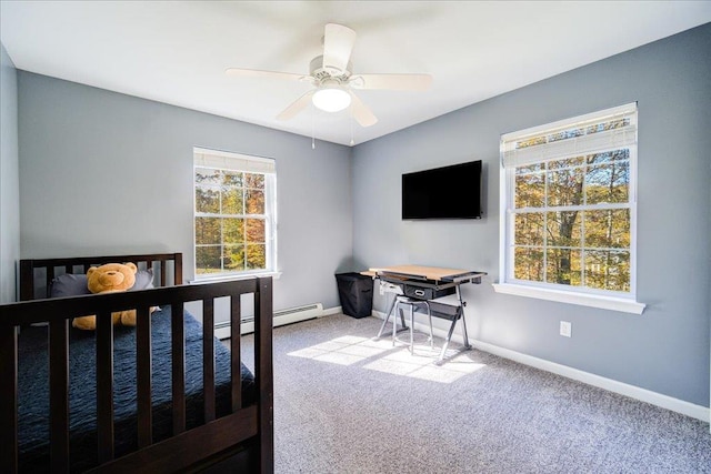 bedroom with carpet flooring, ceiling fan, and a baseboard radiator