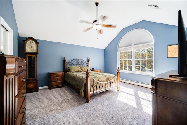 bedroom featuring ceiling fan, vaulted ceiling, light colored carpet, and a baseboard radiator