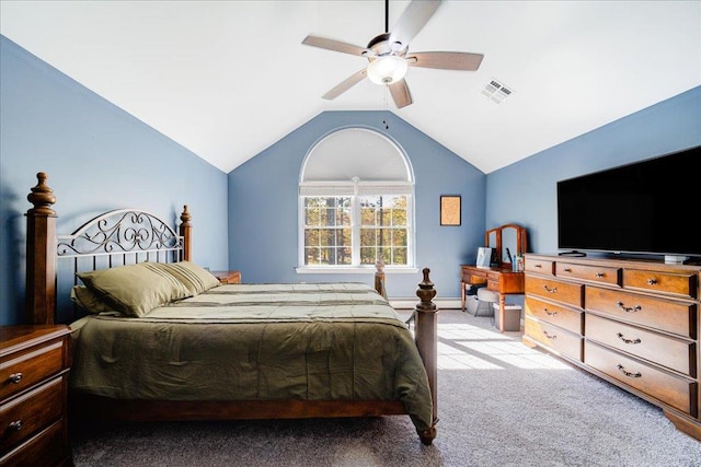 bedroom featuring ceiling fan, light carpet, and vaulted ceiling