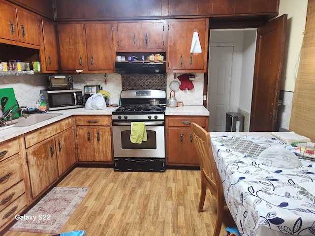 kitchen with decorative backsplash, appliances with stainless steel finishes, sink, exhaust hood, and light hardwood / wood-style floors