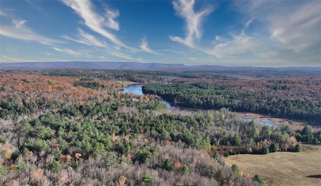 aerial view featuring a water and mountain view