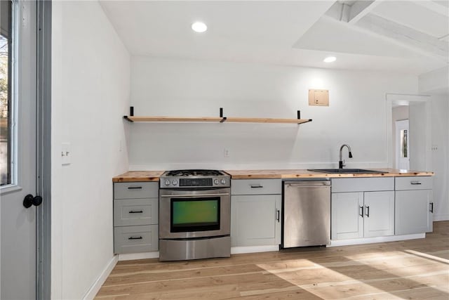 kitchen with wooden counters, light wood-type flooring, stainless steel appliances, and gray cabinetry