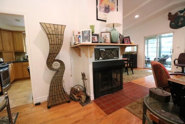 living room with a multi sided fireplace, light wood-type flooring, and vaulted ceiling