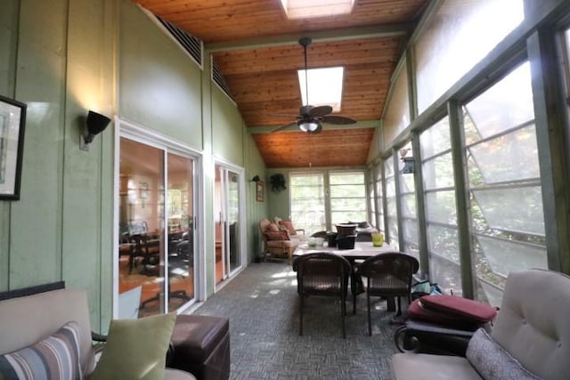 sunroom / solarium featuring ceiling fan, wood ceiling, and vaulted ceiling