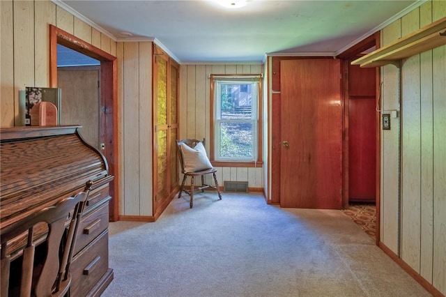 interior space featuring wooden walls and light carpet