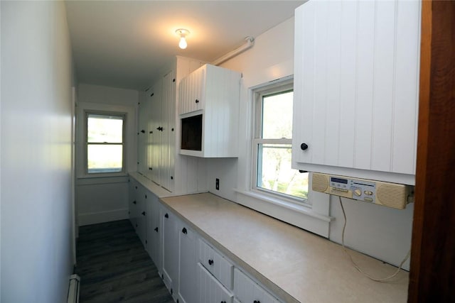 kitchen with dark hardwood / wood-style flooring, white cabinetry, and plenty of natural light