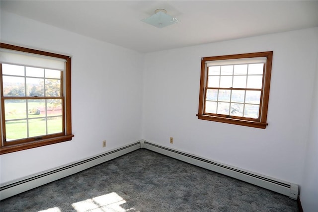 empty room featuring dark carpet and a baseboard radiator