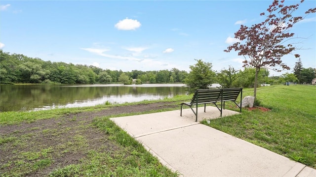 view of home's community with a water view and a lawn