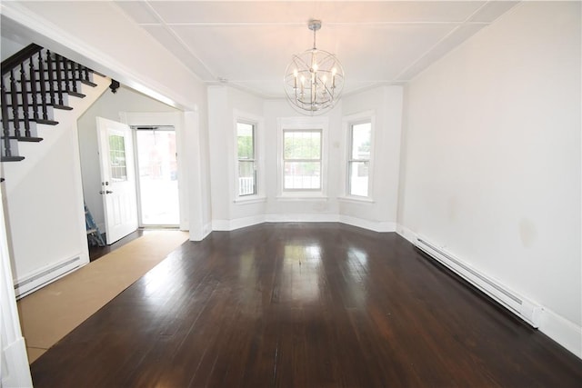 interior space with an inviting chandelier, baseboard heating, and dark wood-type flooring