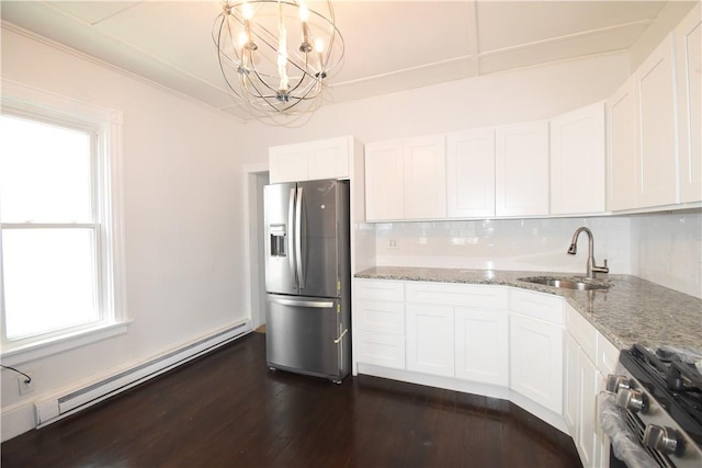 kitchen with stainless steel appliances, a healthy amount of sunlight, sink, a baseboard radiator, and white cabinetry