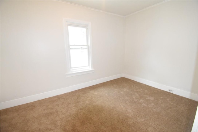 carpeted spare room featuring crown molding