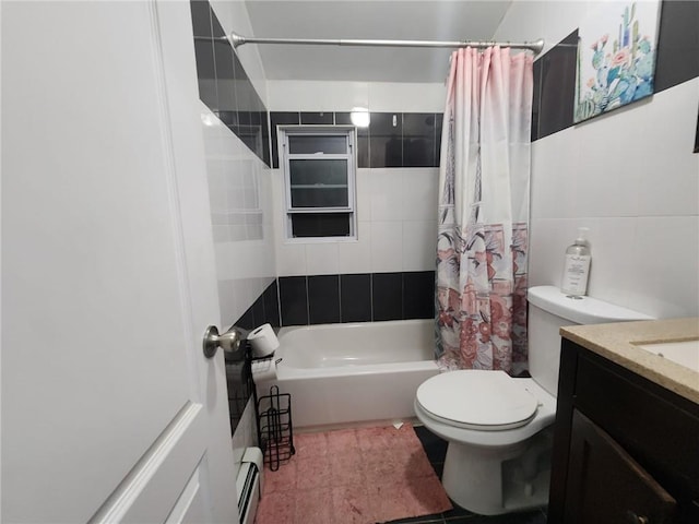 full bathroom with vanity, tile patterned floors, toilet, shower / bathtub combination with curtain, and a baseboard radiator