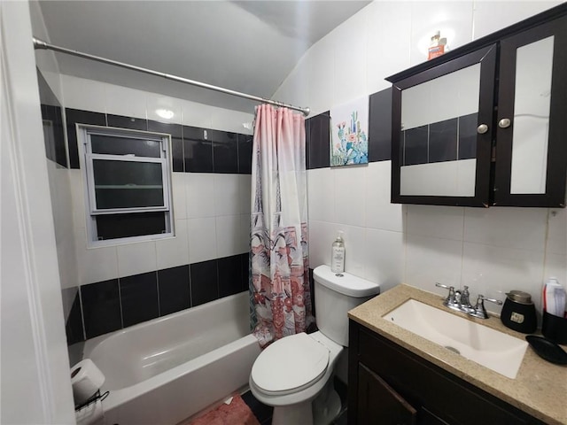 full bathroom featuring shower / bath combo, vanity, toilet, tile walls, and tasteful backsplash