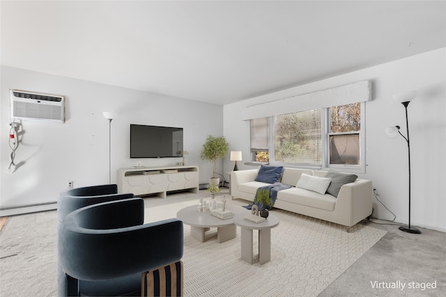 living room featuring a wall unit AC and a baseboard heating unit