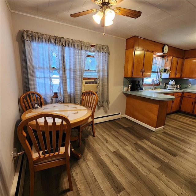 kitchen featuring kitchen peninsula, ornamental molding, a baseboard radiator, and hardwood / wood-style flooring