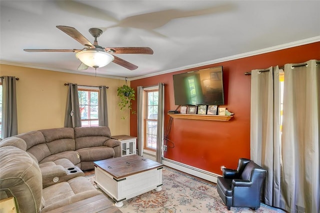 living room with ceiling fan, crown molding, and a baseboard radiator