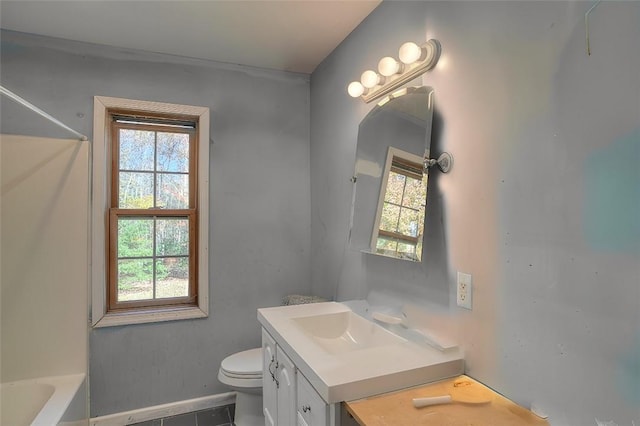 full bathroom featuring tile patterned floors, vanity, toilet, and shower with separate bathtub