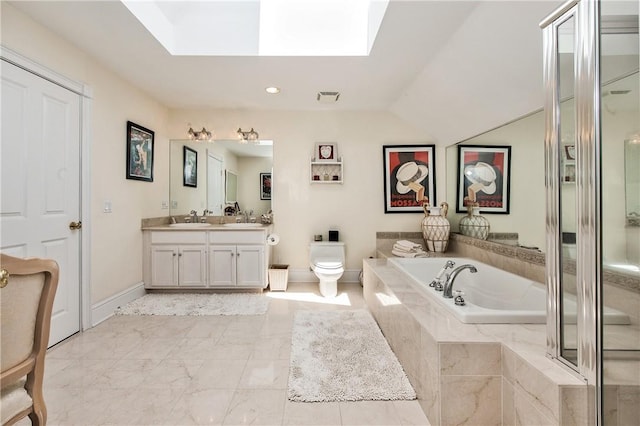 full bathroom with vanity, separate shower and tub, toilet, and a skylight