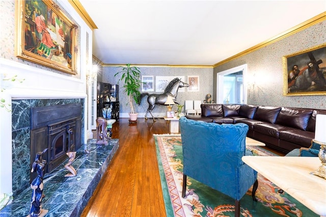 living room featuring crown molding and dark wood-type flooring