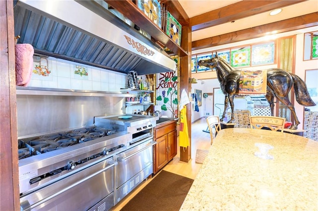 kitchen featuring light stone counters, light wood-type flooring, and ventilation hood