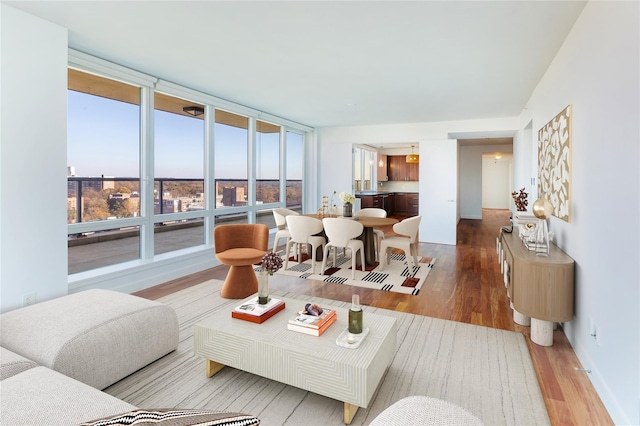 living room featuring hardwood / wood-style floors, expansive windows, and a healthy amount of sunlight