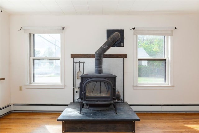 room details featuring hardwood / wood-style floors, a wood stove, and a baseboard radiator